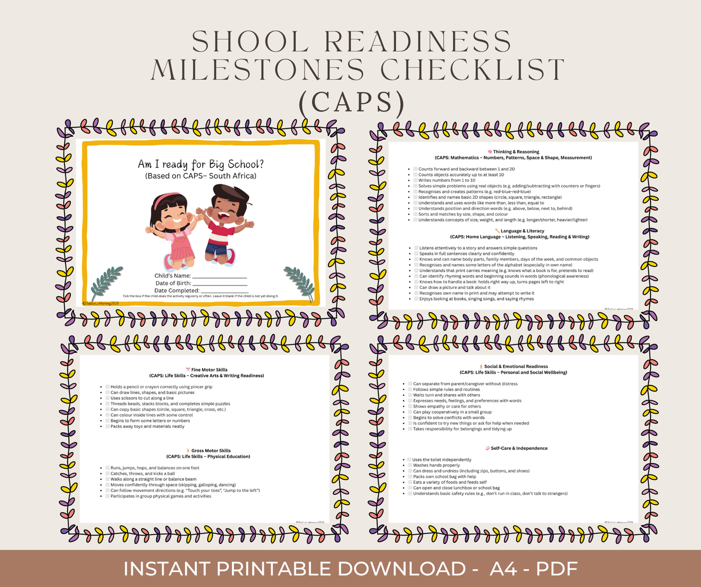 Preschool Development & School Readiness Checklists Bundle (Ages 1β6) | Printable PDF for Parents & Teachers (South Africa)