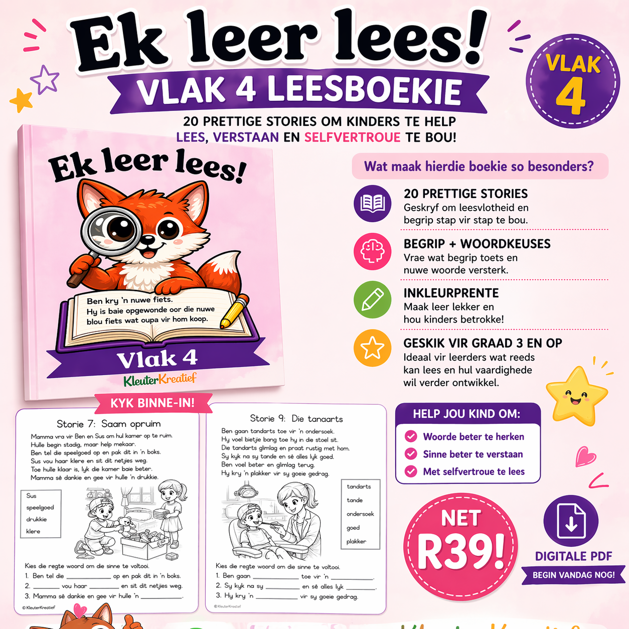 Ek Leer Lees Vlak 4 | 20 Stories + Begripsvrae | Graad 3 Leesboek PDF
