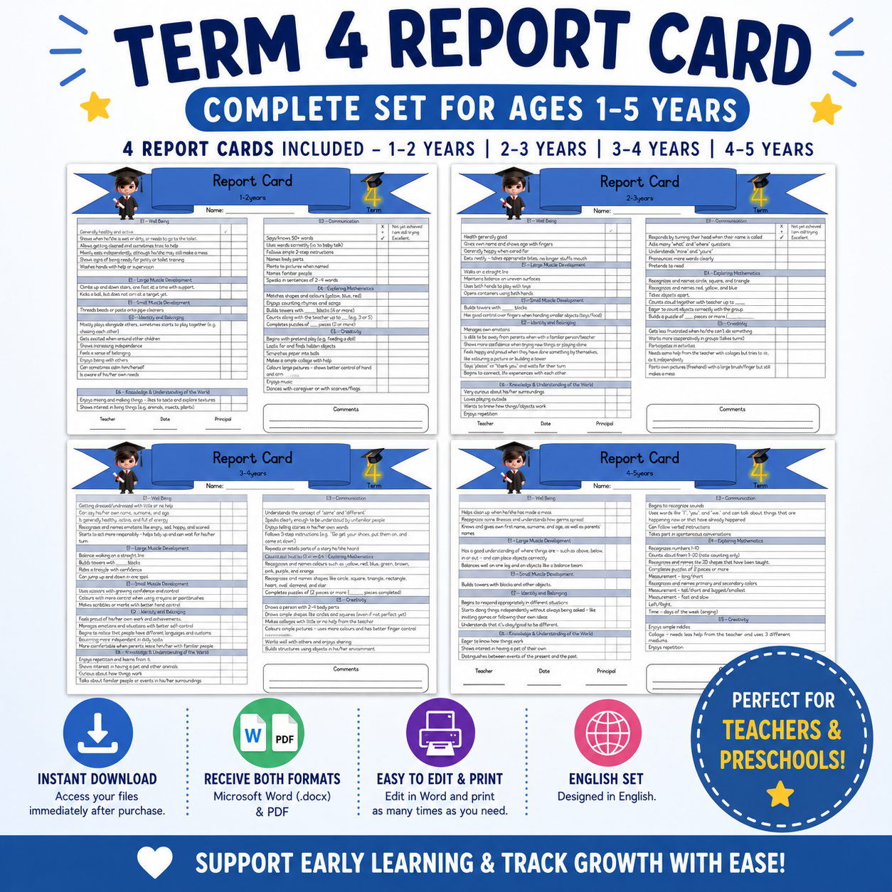 Term 4 Report card Set English – Ages 1–2 | 2–3 | 3–4 | 4–5 Years
