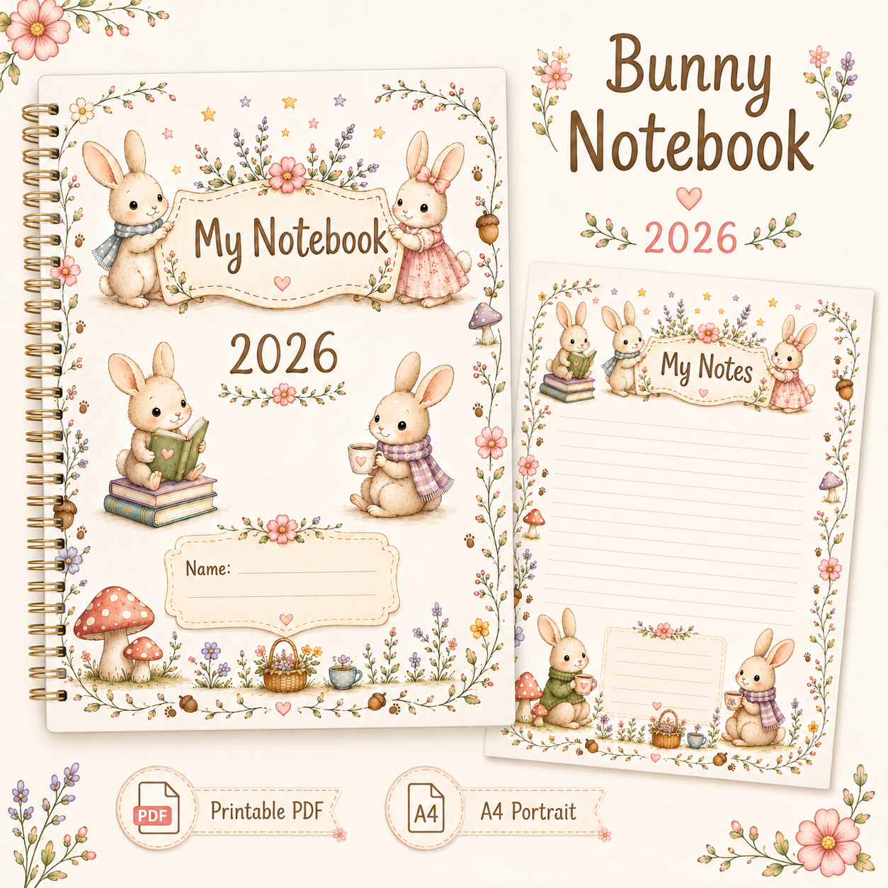 Bunny Notebook 2026 | English Printable PDF | A4 Portrait