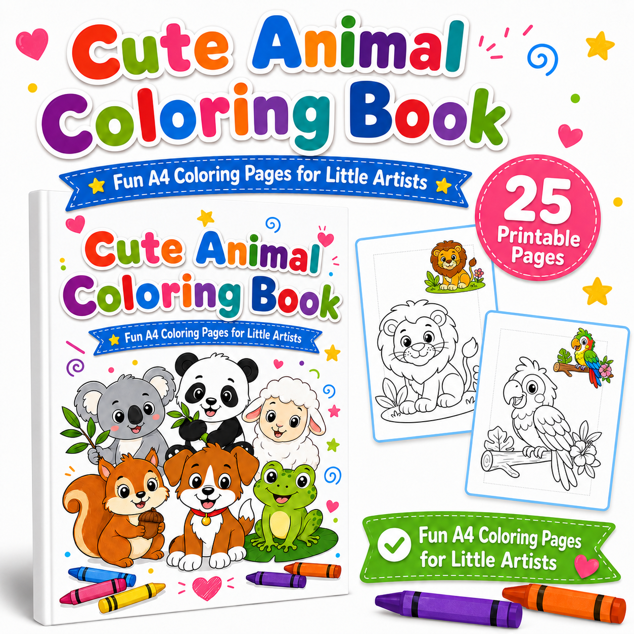 Cute Animal Coloring Book β 25 Printable A4 Coloring Pages for Kids