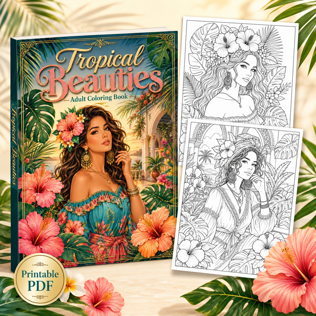 Tropical Beauties Adult Coloring Book | 20 Printable Coloring Pages
