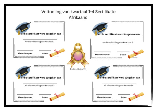 Voorskool Kwartaal Voltooiing Sertifikate (Afrikaans) | Drukbare PDF