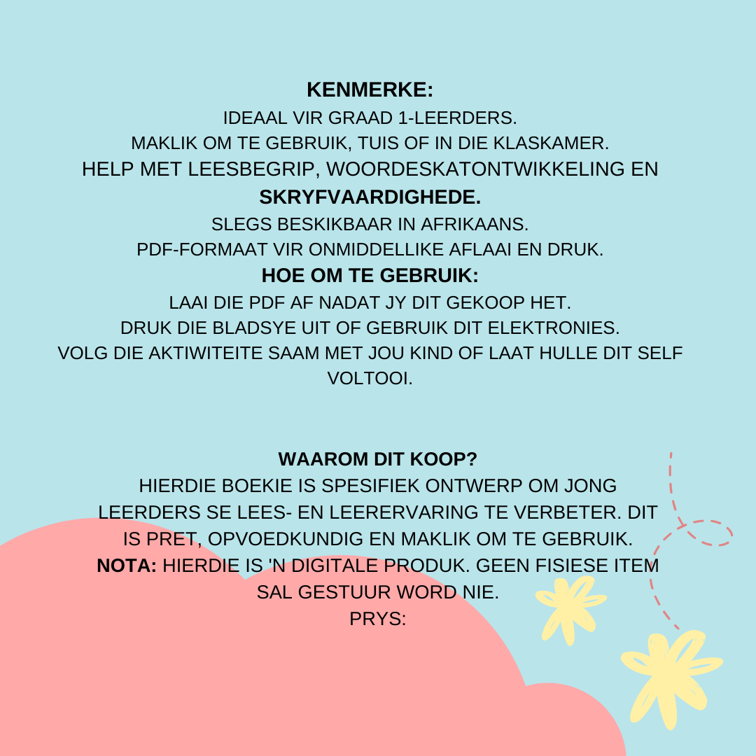Begripslees Werkboekie – Graad 1–2 – Afrikaans (Drukbare PDF)