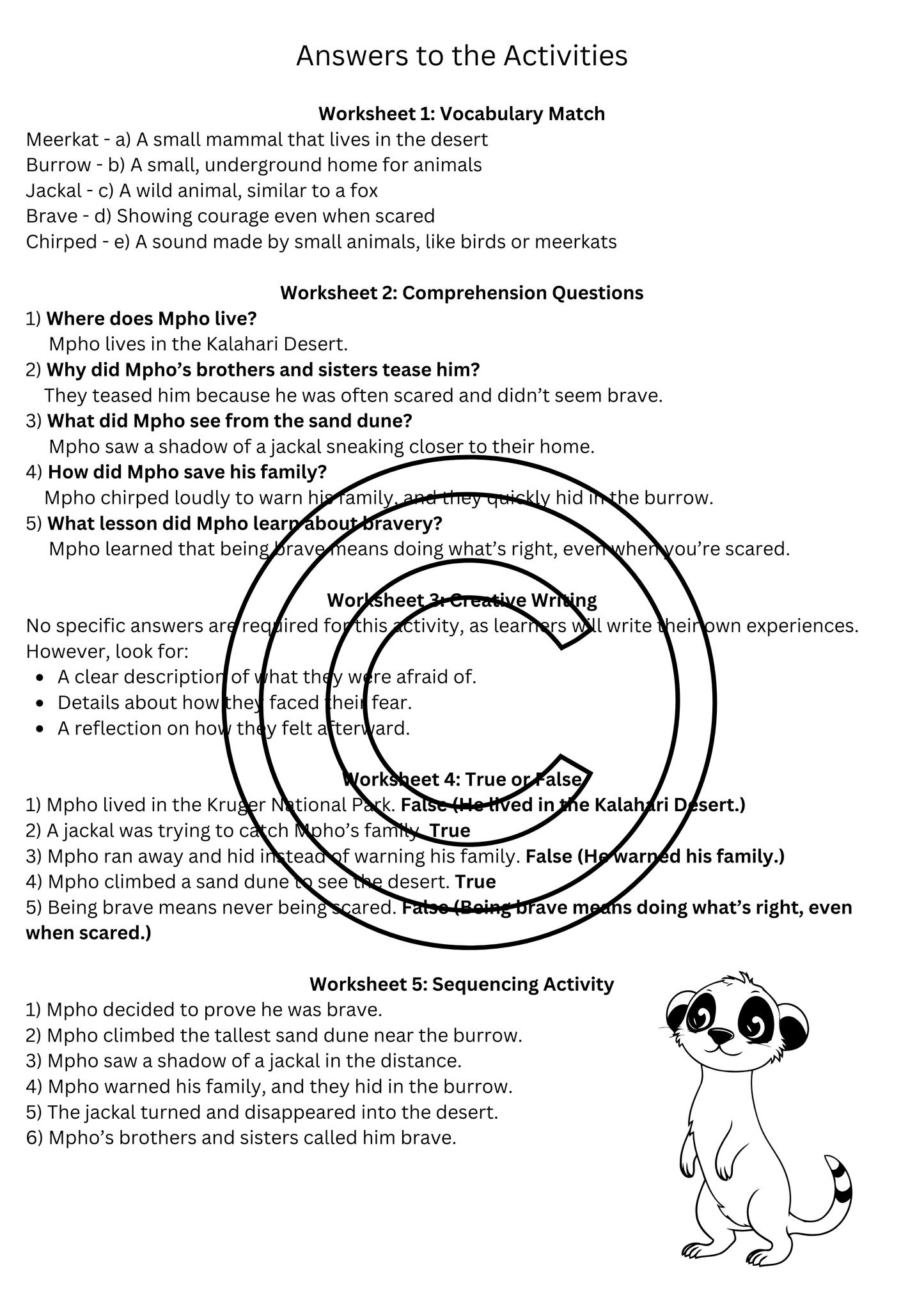 Reading Comprehension - Brave Little Meerkat. (FAL)  Grade 4