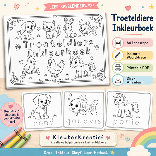 Troeteldiere Inkleur- en Natrekboek | A4 Landscape | Afrikaans