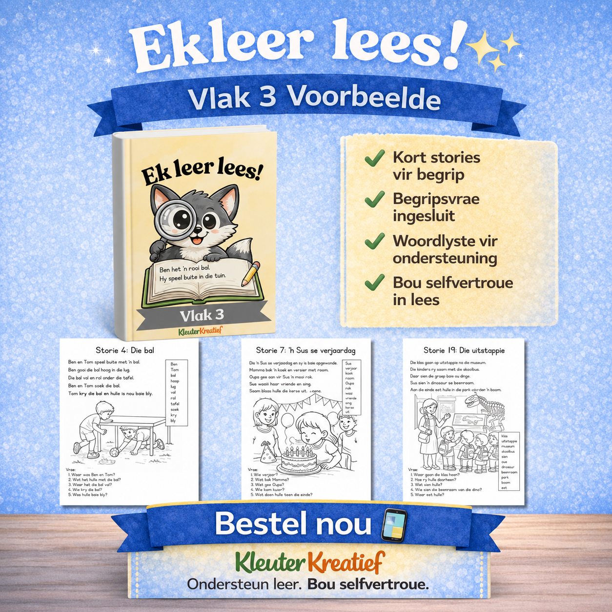 Ek leer lees!  Vlak 1–3 Leesbundel | 60 Stories vir Graad 1 & Beginner Lesers | KleuterKreatief