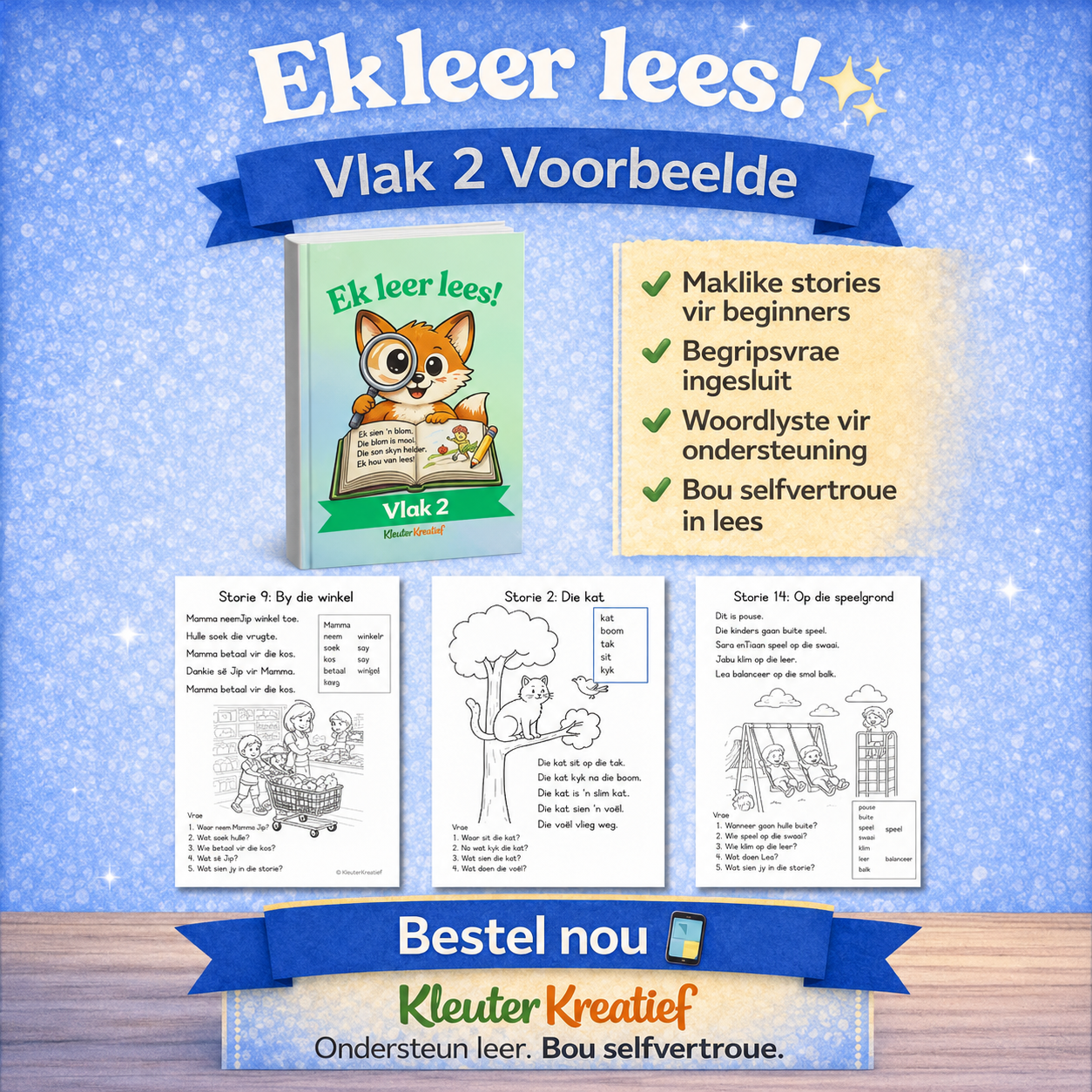 Ek leer lees!  Vlak 1–3 Leesbundel | 60 Stories vir Graad 1 & Beginner Lesers | KleuterKreatief