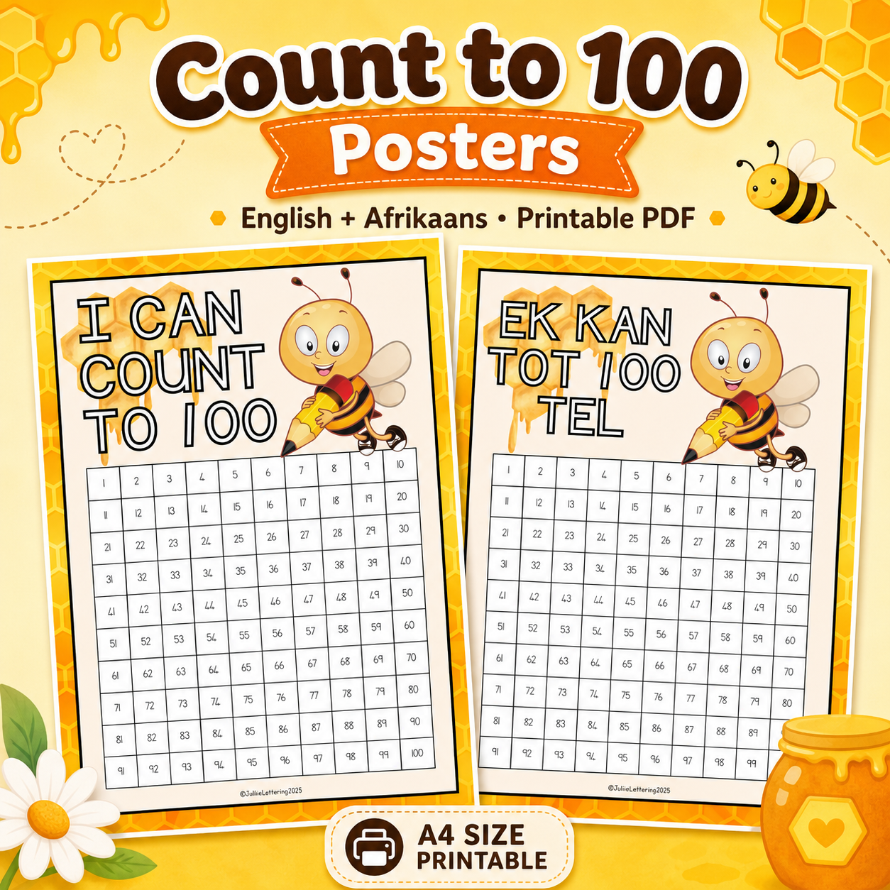 Bee Theme 100 Chart | Printable PDF (Afrikaans & English)