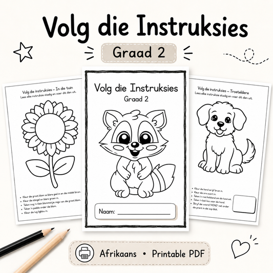 Graad 2 Volg-die-Instruksies Werkboek (PDF – 15 Bladsye)