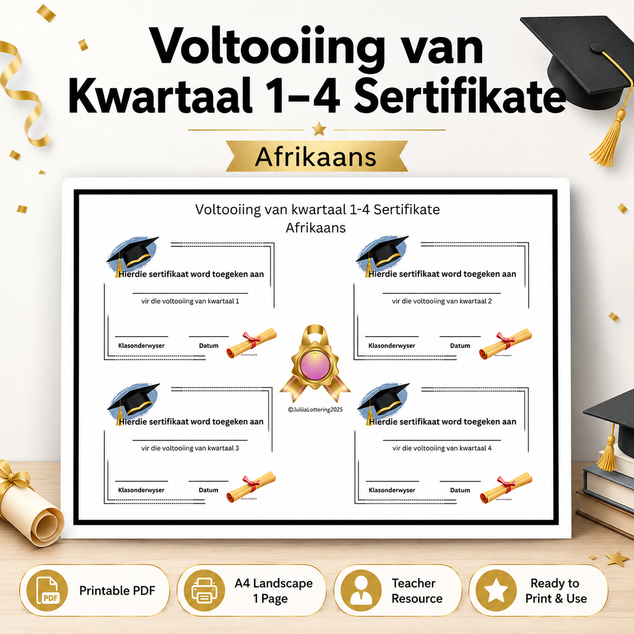 Voorskool Kwartaal Voltooiing Sertifikate (Afrikaans) | Drukbare PDF