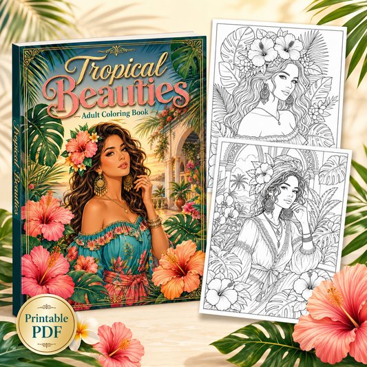 Tropical Beauties Adult Coloring Book | 20 Printable Coloring Pages